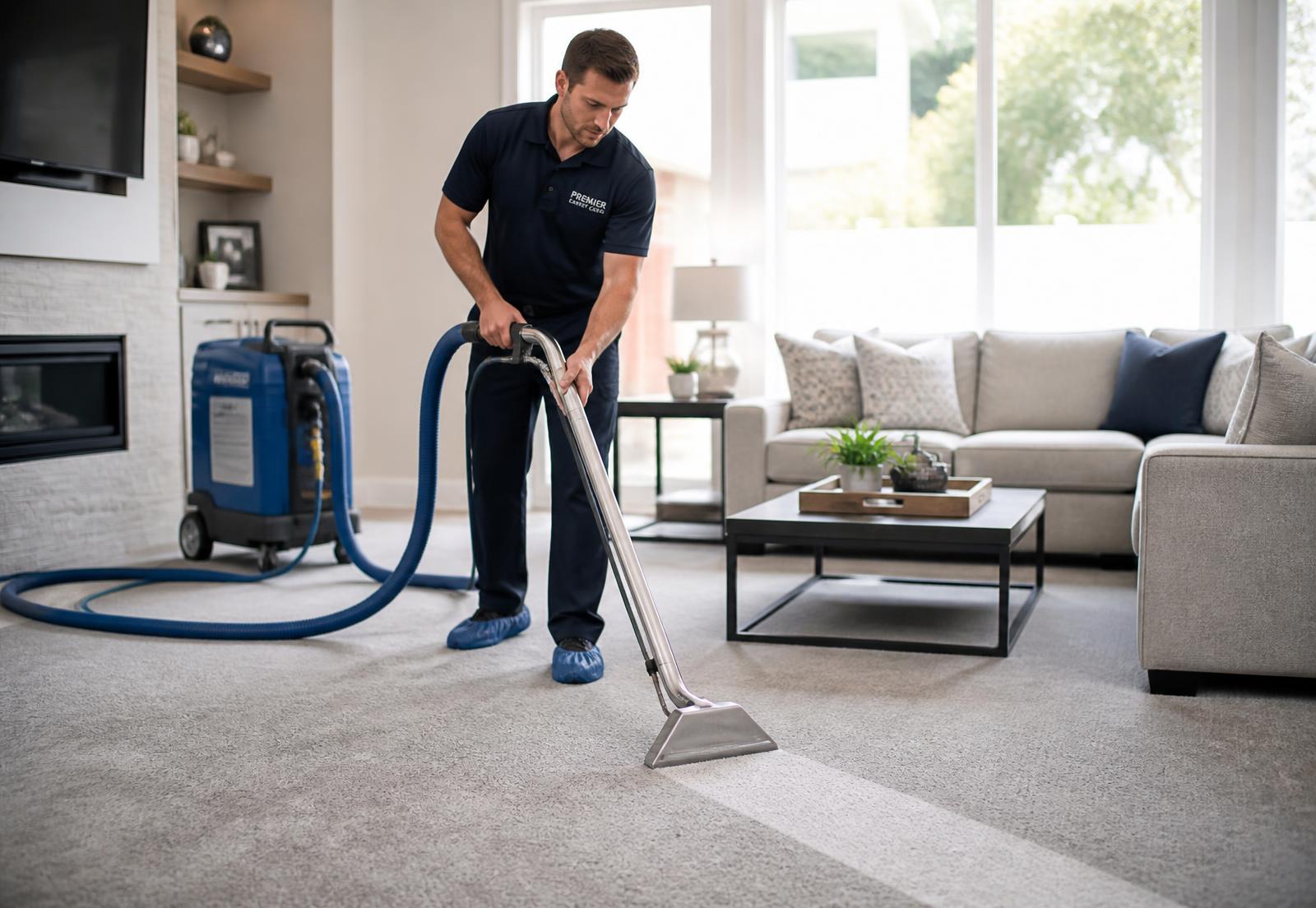 Carpet cleaning technician deep cleaning a living room carpet with hot water extraction in Kelowna, BC